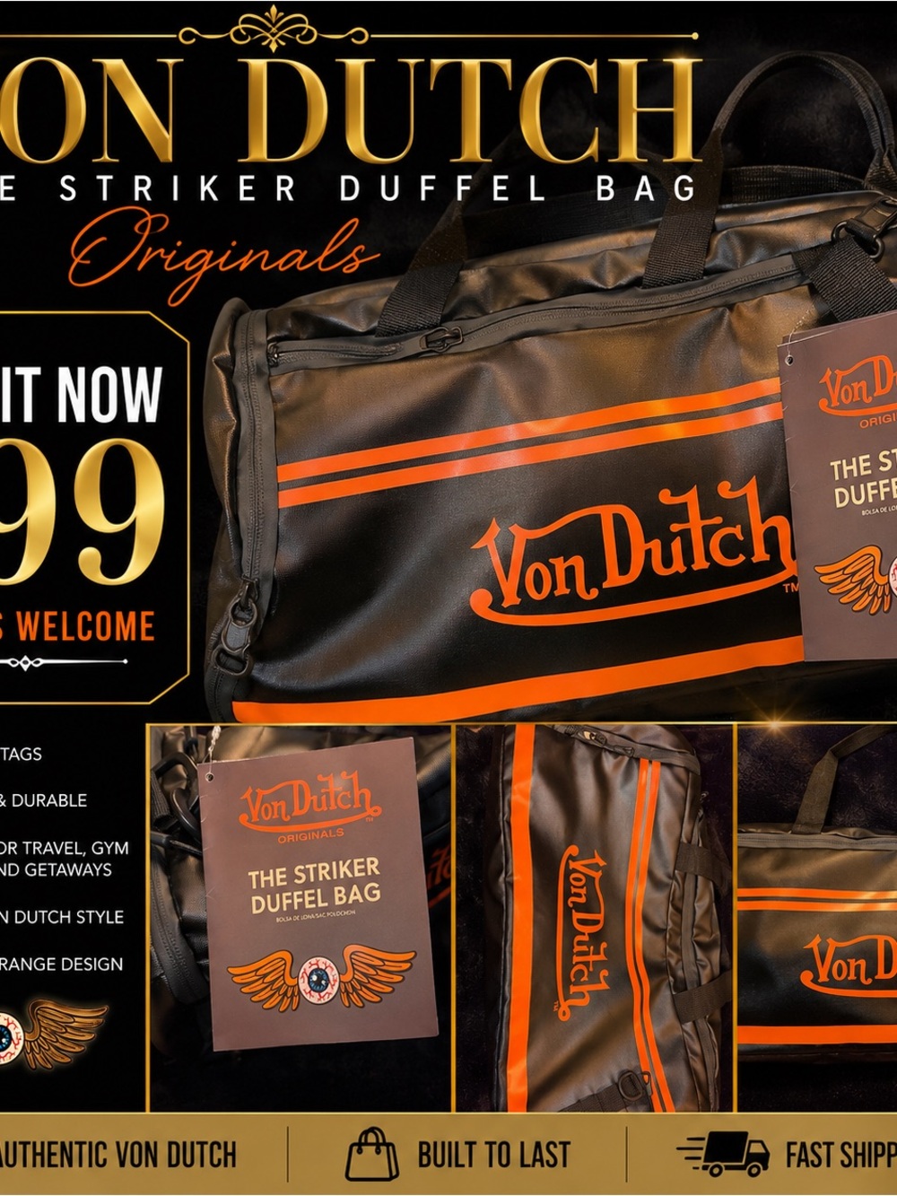 NWT Von Dutch Originals Striker Duffel Bag Black Orange Travel Gym Weekender Y2K